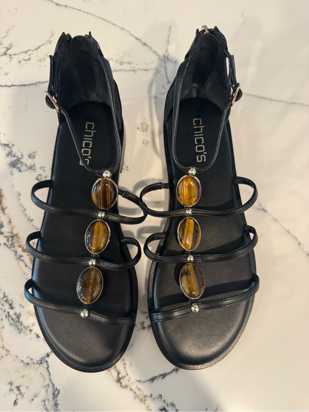 NWT Chico's Nadia Gladiator Black Sandals w/ Amber Stone Accents Size 8.5